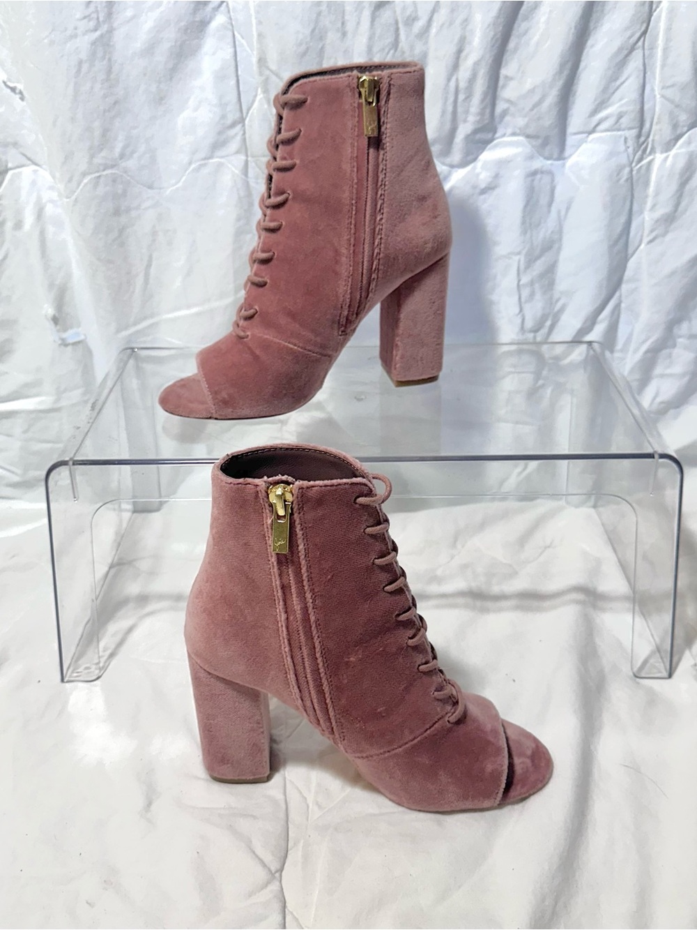 Joie Dusty Rose Suede Lace-Up Peep-Toe Block Heel Ankle Boots